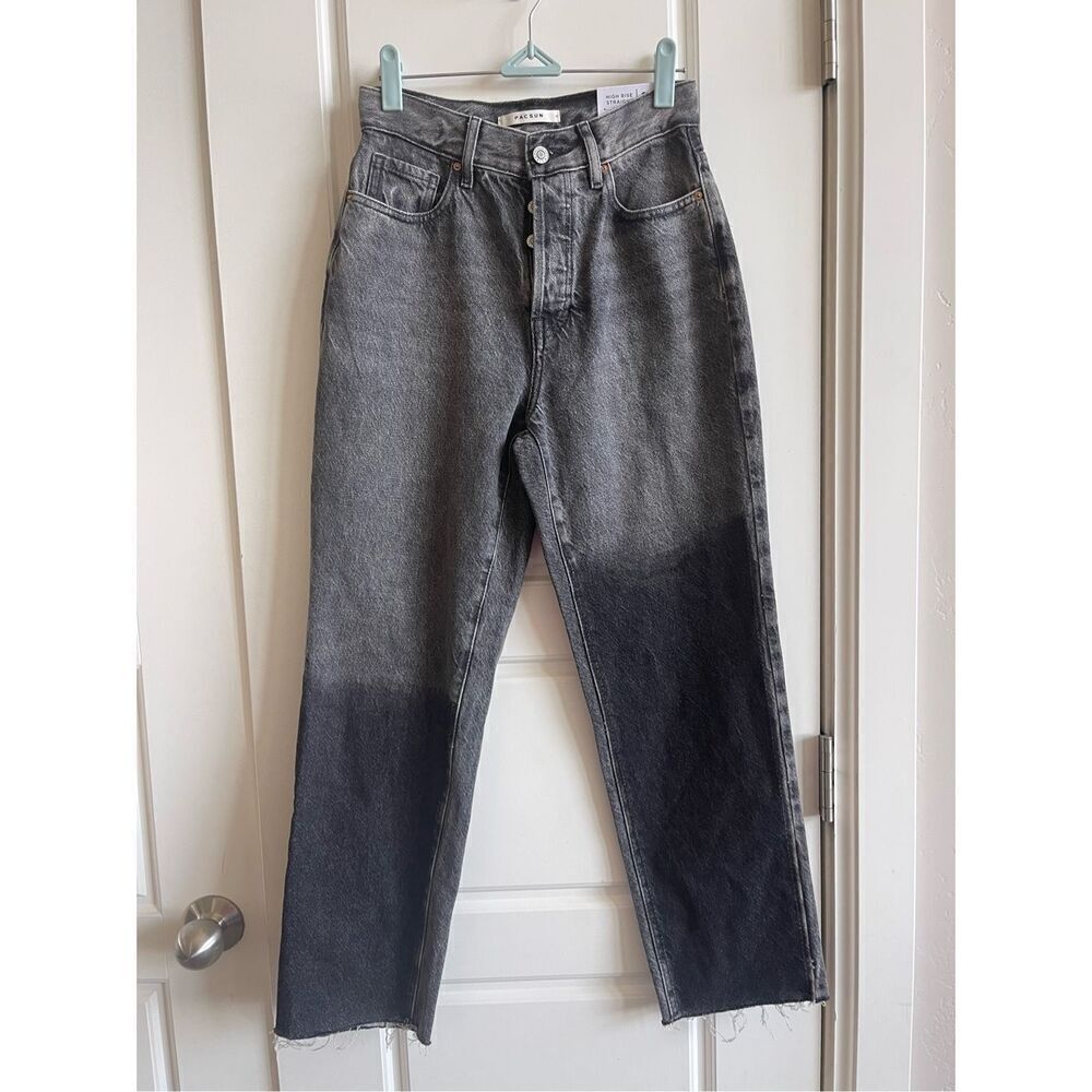 Pacsun Eco Black Two-Tone Denim Button Fly High Rise Straight Jean